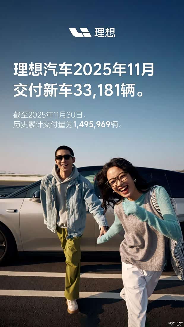 交付新车33181辆 累计交付近150万辆!理想汽车公布11月交付数据